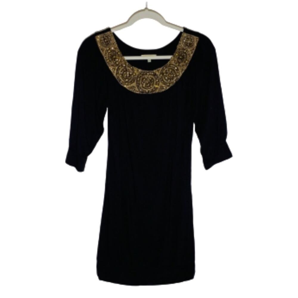 Anthropologie Bordeaux Womens beaded bib scoopneck dress size small